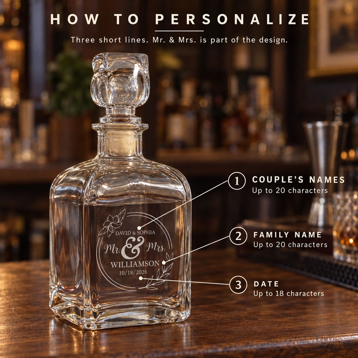 How to personalize the Mr and Mrs decanter: the couple's first names, the family name and the date, shown as DAVID & SOPHIA WILLIAMSON