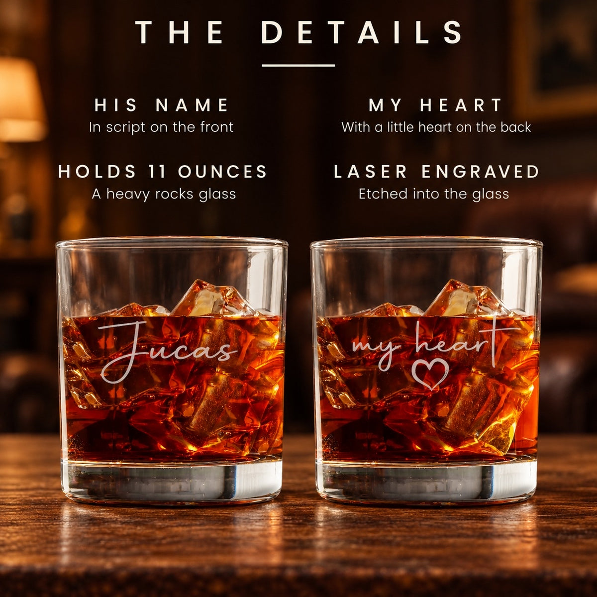 The details of the personalized whiskey glass for him: his name in script on the front, my heart with a little heart on the back, holds 11 ounces