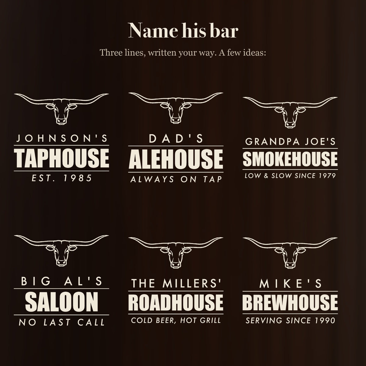 Six ways to personalize the longhorn bar sign stein: Johnson's Taphouse, Dad's Alehouse, Grandpa Joe's Smokehouse, Big Al's Saloon and more