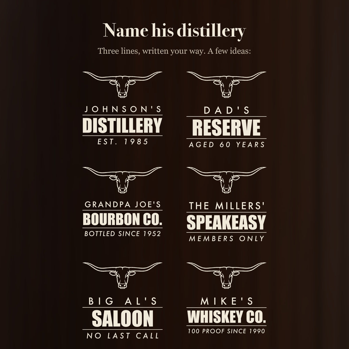 Six longhorn decanter designs: Johnson's Distillery, Dad's Reserve, Grandpa Joe's Bourbon Co., The Millers' Speakeasy, Big Al's Saloon, Mike's Whiskey Co.