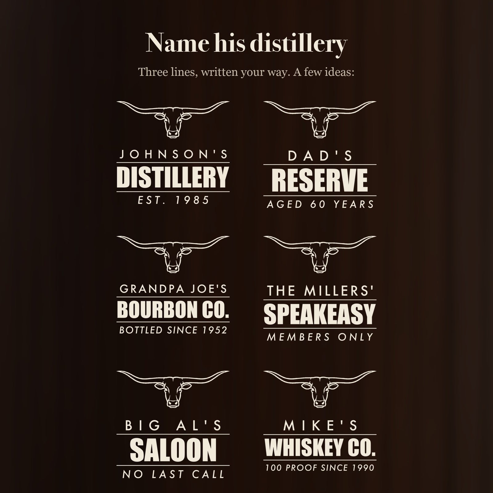 Six longhorn decanter designs: Johnson's Distillery, Dad's Reserve, Grandpa Joe's Bourbon Co., The Millers' Speakeasy, Big Al's Saloon, Mike's Whiskey Co.
