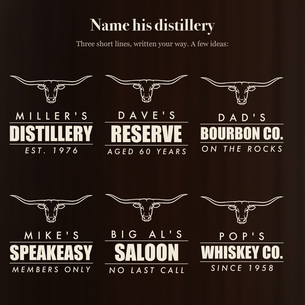 Six longhorn whiskey glass designs: Miller's Distillery, Dave's Reserve, Dad's Bourbon Co., Mike's Speakeasy, Big Al's Saloon, Pop's Whiskey Co.