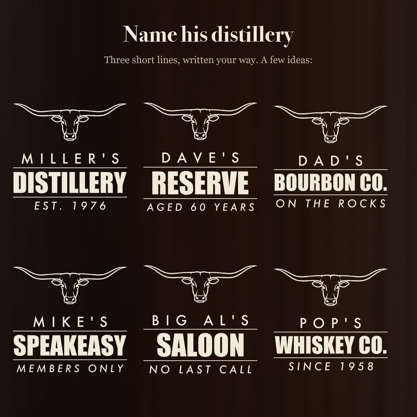 Six longhorn whiskey glass designs: Miller's Distillery, Dave's Reserve, Dad's Bourbon Co., Mike's Speakeasy, Big Al's Saloon, Pop's Whiskey Co.