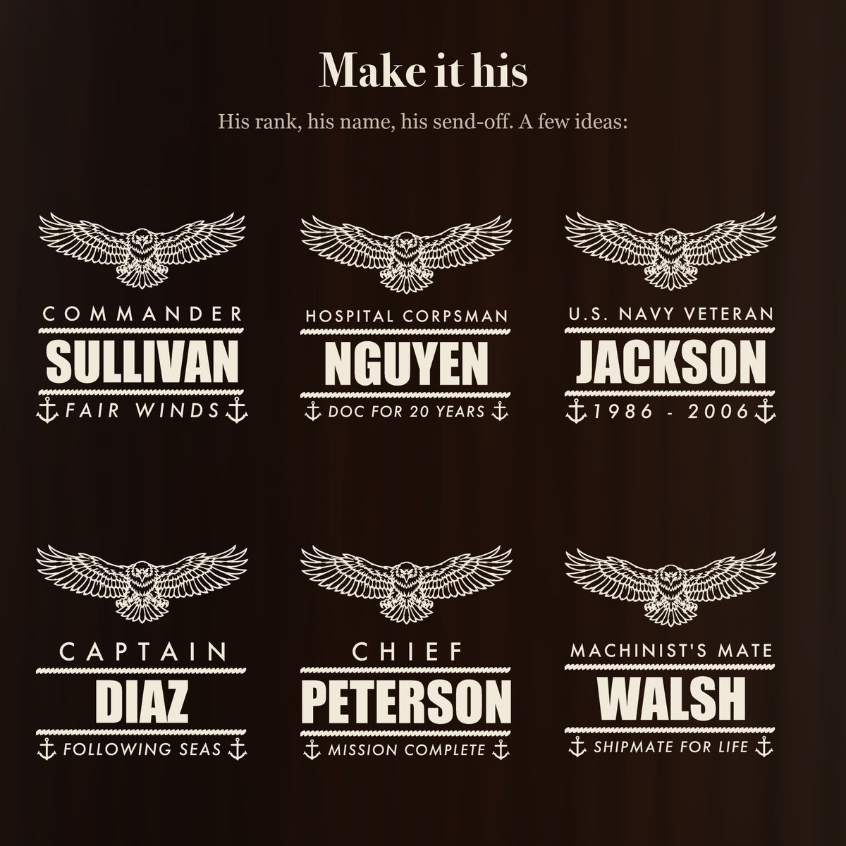 Six ways to engrave the Navy retirement stein: Commander Sullivan, Hospital Corpsman Nguyen, Navy Veteran Jackson, Captain Diaz and more