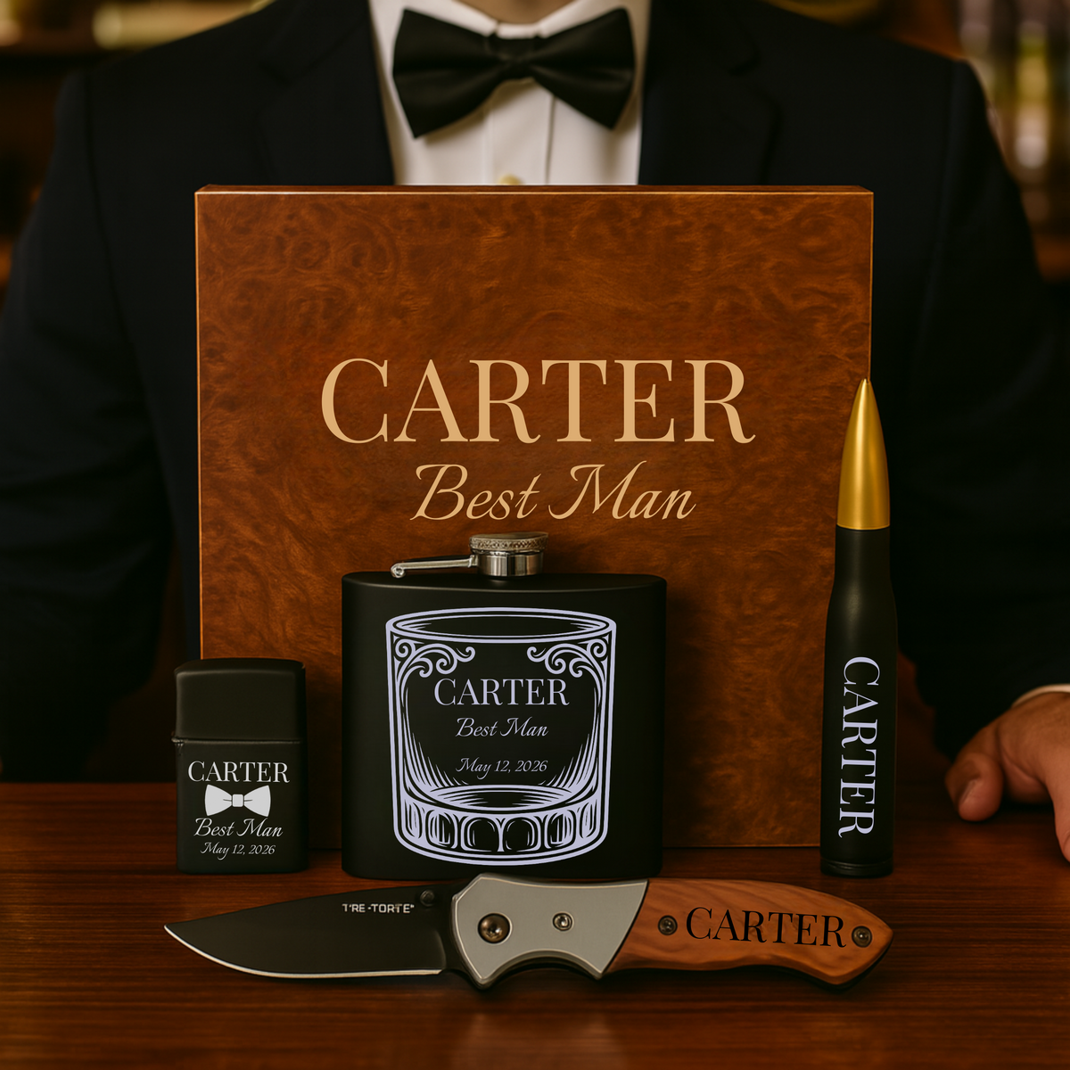 The Five-Star Groomsmen Gift Set with engraved flask, knife, lighter, and bottle opener in cedar humidor
