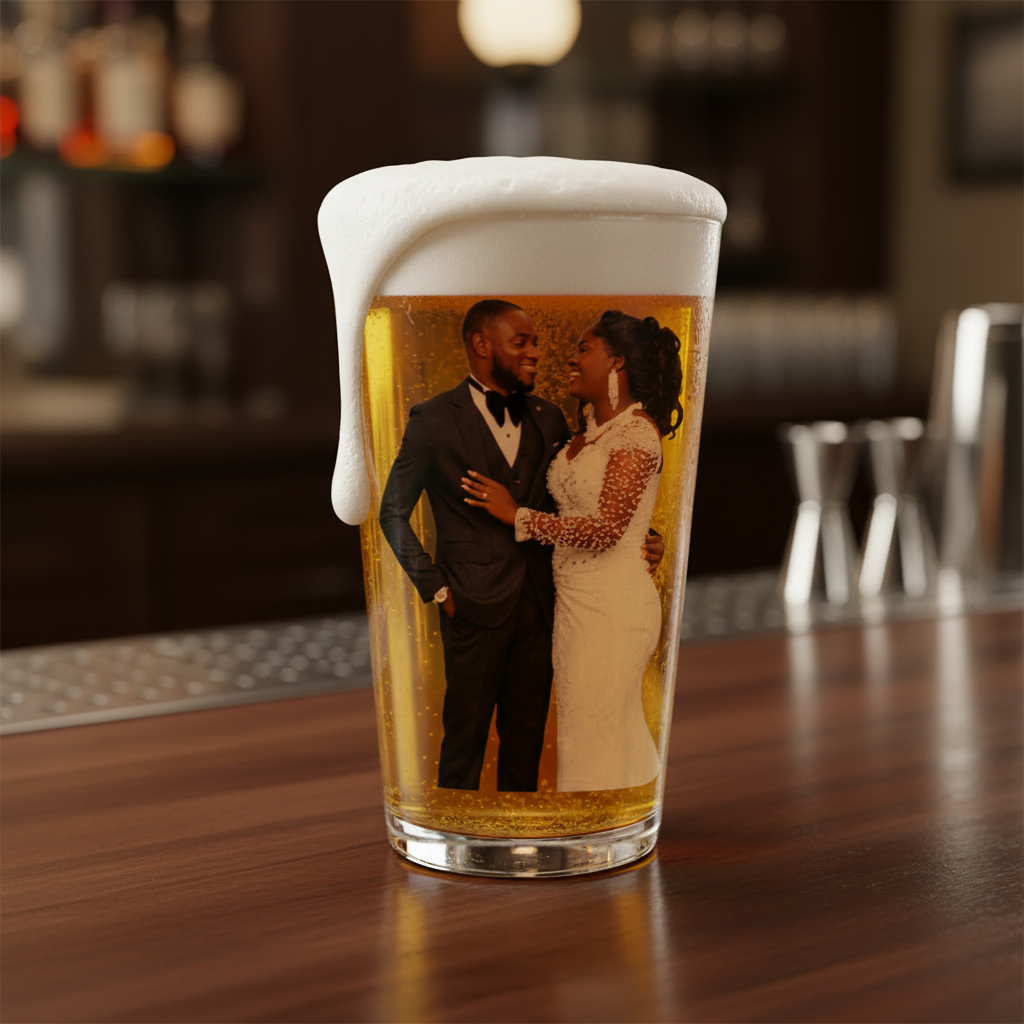 Pint glass filled with beer, printed with sample photo of couple in formal wedding attire toasting, displayed on wooden bar counter