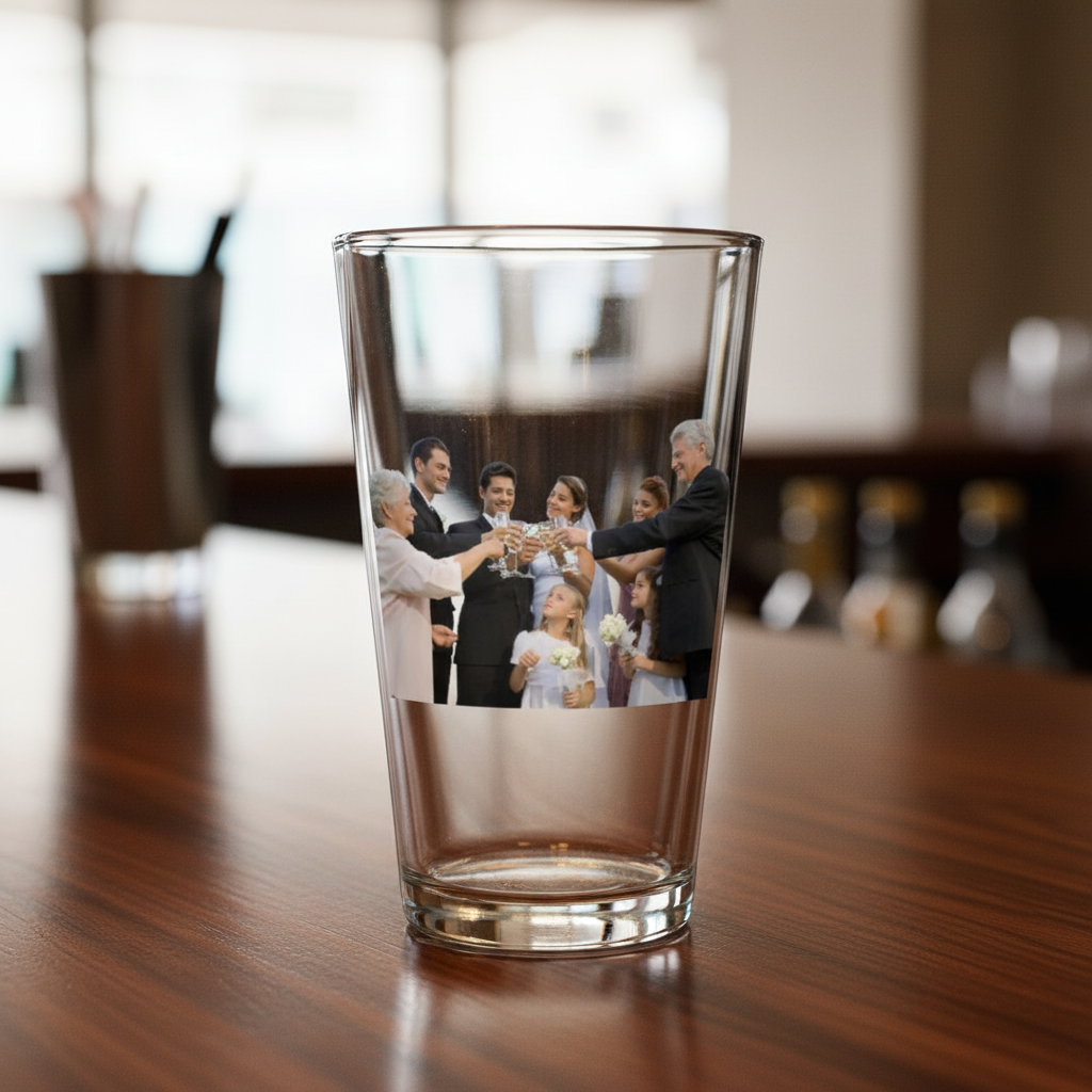Pint glass with custom photo print showing sample wedding celebration scene of family members toasting together