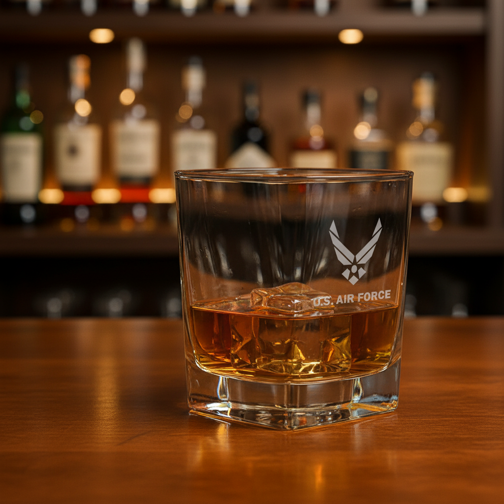 Rocks glass filled with whiskey and ice, engraved with U.S. Air Force wings emblem, positioned on wooden bar counter with blurred bottle shelves in background