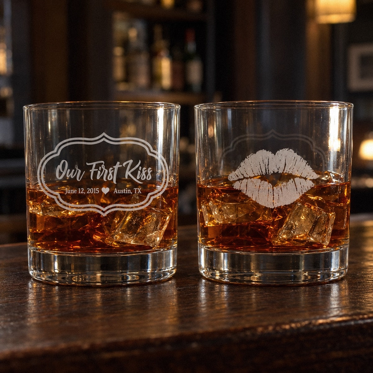 Our First Kiss whiskey glass, front with June 12, 2015 and Austin, TX in a scalloped frame, and the back with a frosted kiss mark
