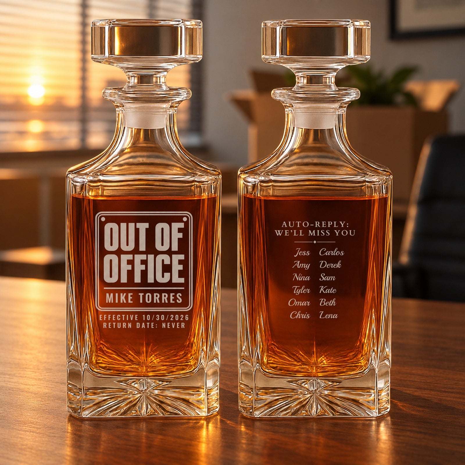 Front and back of an Out of Office whiskey decanter, a going away gift for a coworker engraved Mike Torres with the whole team's names on the back