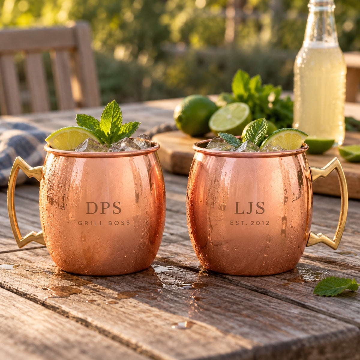 Two personalized copper Moscow mule mugs engraved DPS GRILL BOSS and LJS EST. 2012, filled with mules, lime and mint on a sunny patio table.