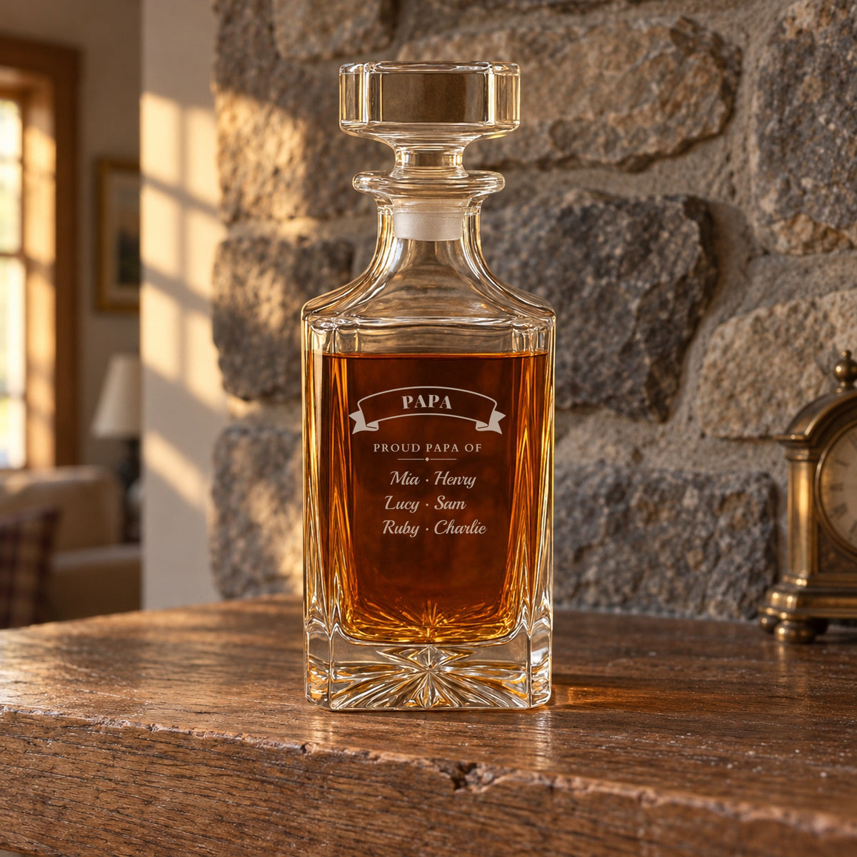 Back of the decanter on a fieldstone mantel engraved Papa, Proud Papa Of and six grandkids' names, showing the nickname option on a gift for grandpa