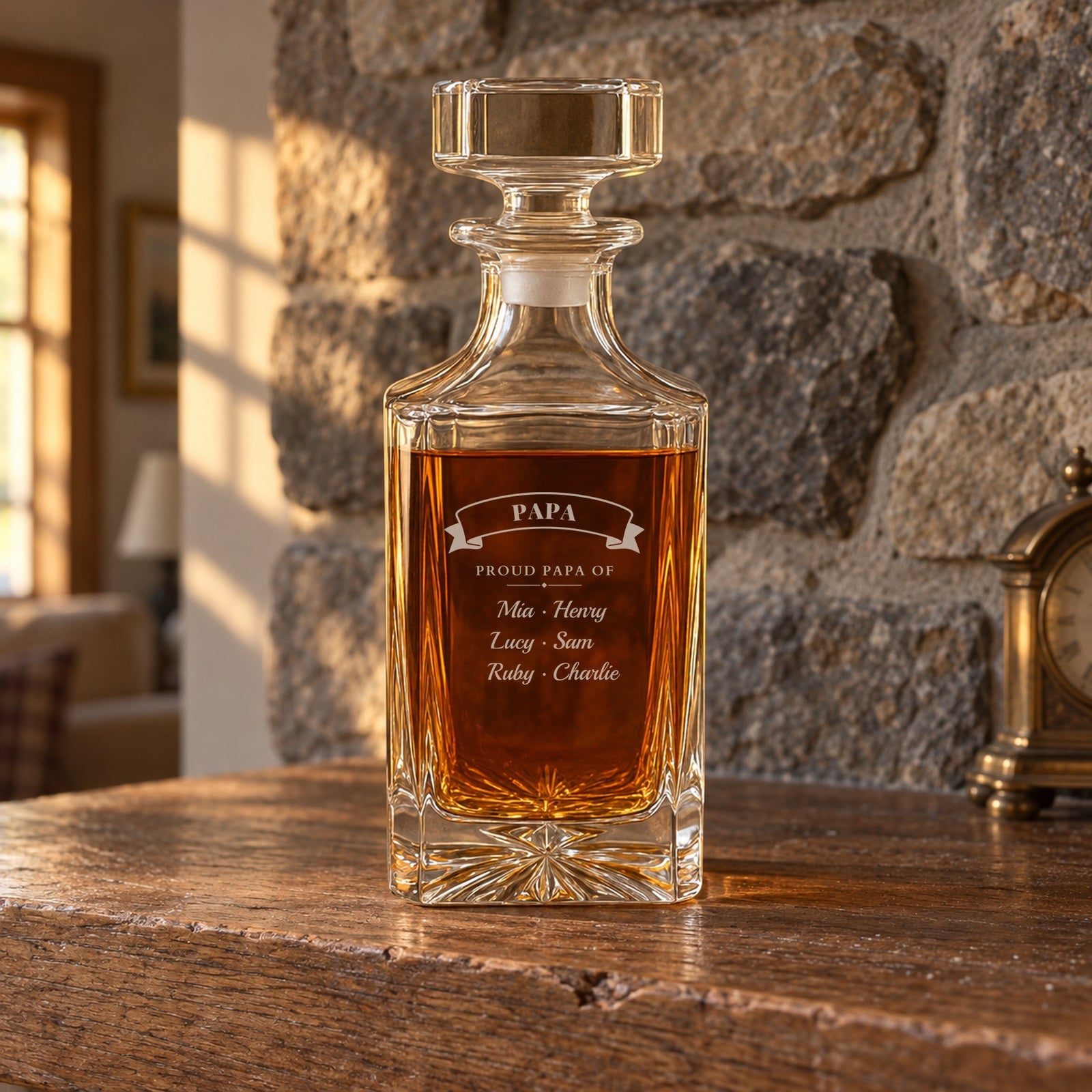 Back of the decanter on a fieldstone mantel engraved Papa, Proud Papa Of and six grandkids' names, showing the nickname option on a gift for grandpa