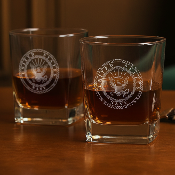Two whiskey glasses with laser-engraved U.S. Navy seal emblems filled with amber liquid, displayed on wooden surface