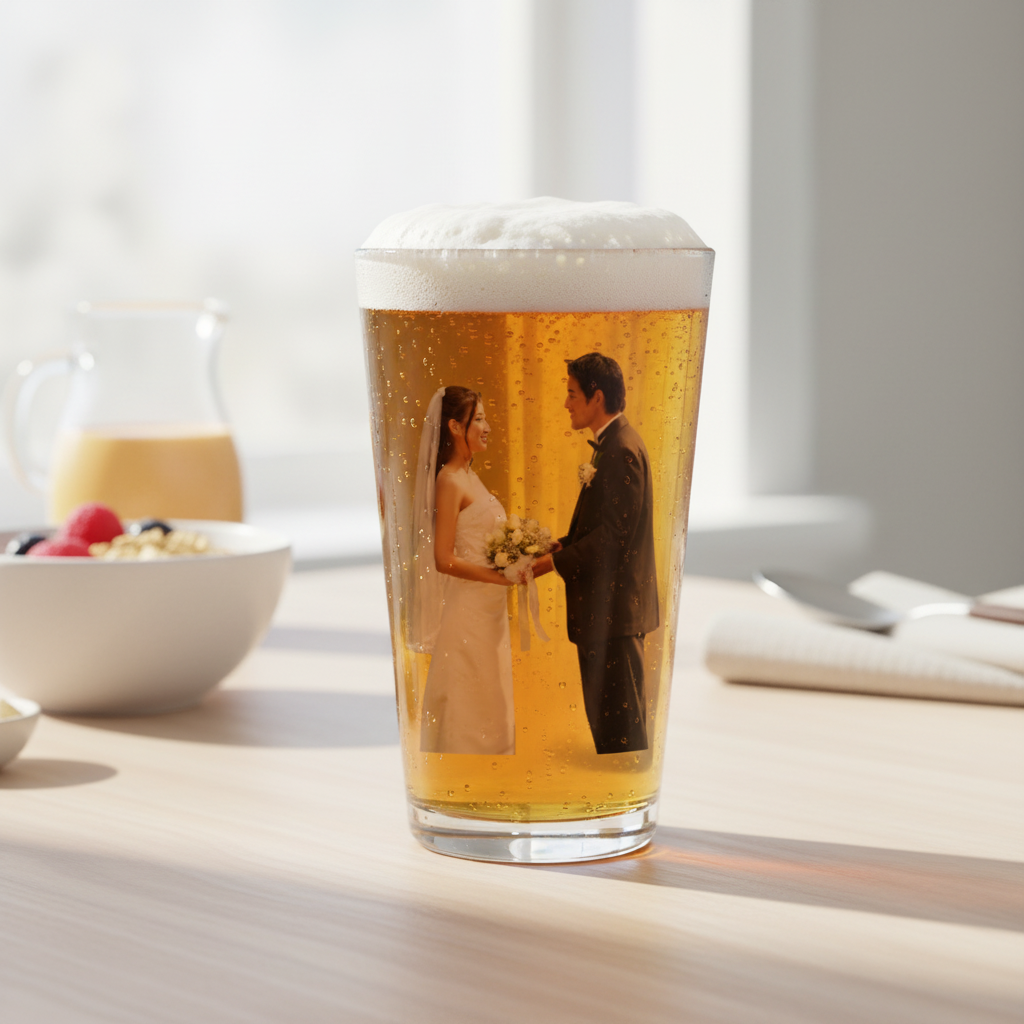 Pint glass filled with beer, featuring custom photo print of bride and groom in wedding attire against yellow backdrop, with foam head and condensation visible