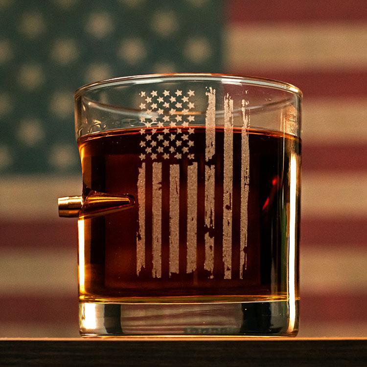 11oz whiskey glass with distressed American flag and embedded .308 bullet