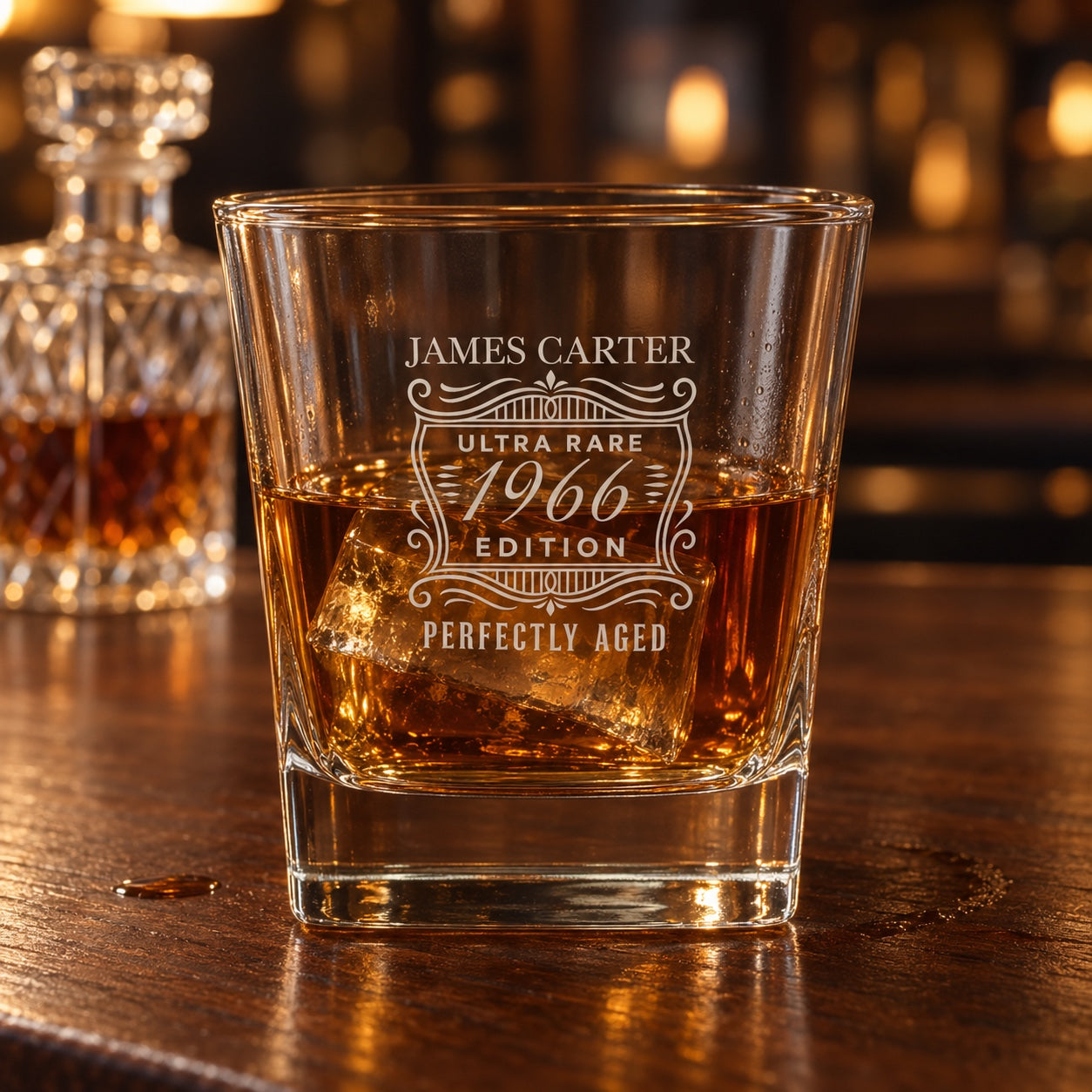 Personalized birthday whiskey glass engraved JAMES CARTER above an ULTRA RARE 1966 EDITION vintage label and PERFECTLY AGED, with whiskey on the rocks.