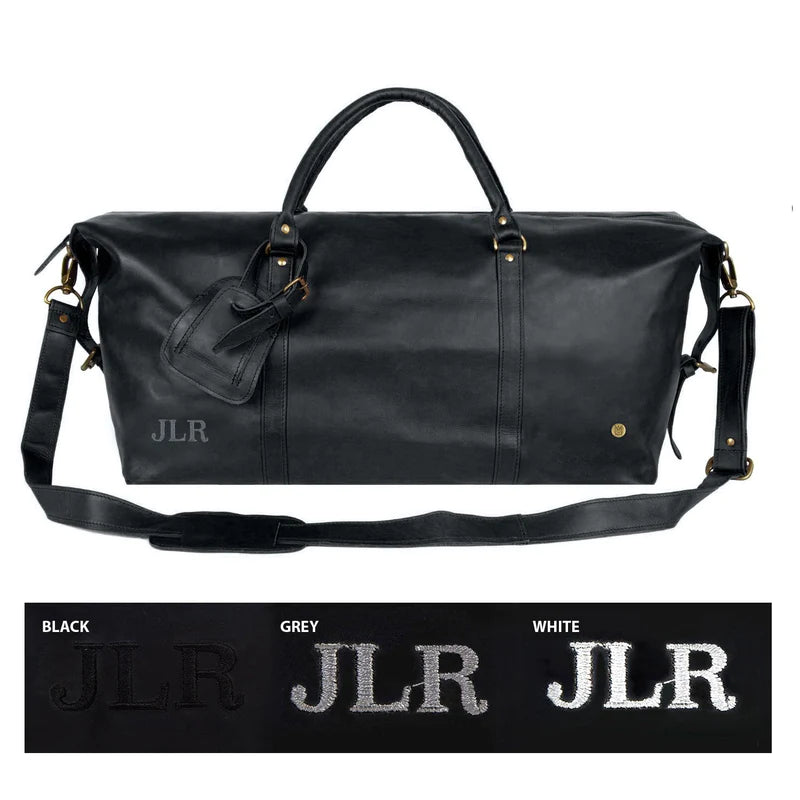 Unique Personalized Large Black Leather Duffle Customized Duffel Bags Gifts for Men by Groovy Guy