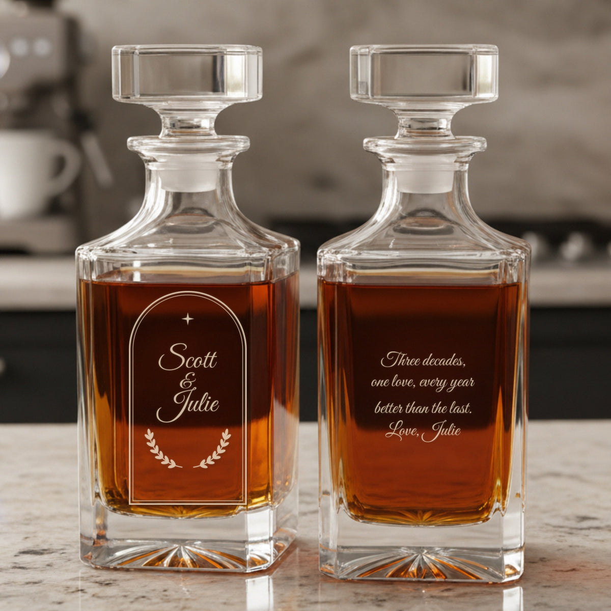 Pearl Vow anniversary decanter engraved Scott and Julie with the top line and date left off, beside the back reading Three decades, one love