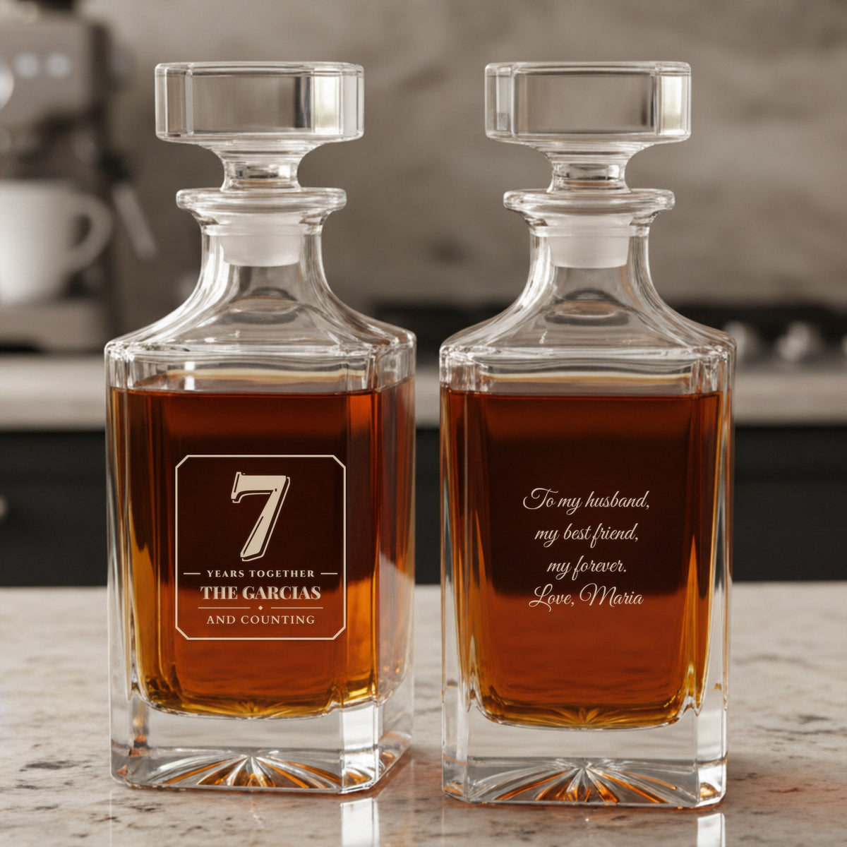 Front and back of a decanter engraved 7 Years Together, The Garcias, And Counting, with a back message, a 7 year wedding anniversary gift
