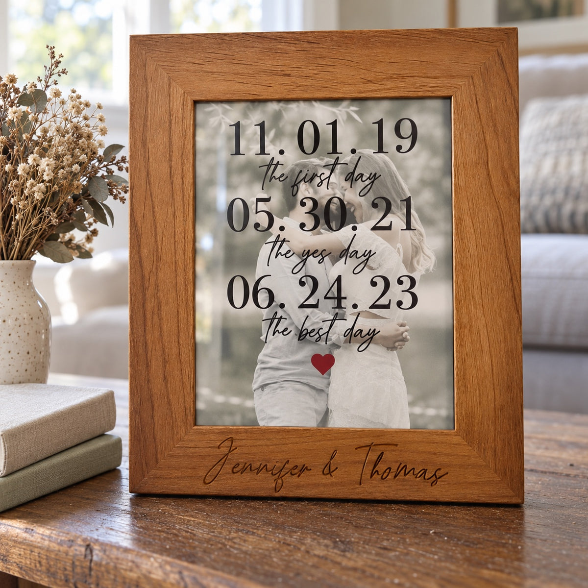 Forever Frame personalized anniversary picture frame with the first day, the yes day and the best day printed over a couple photo, names engraved below