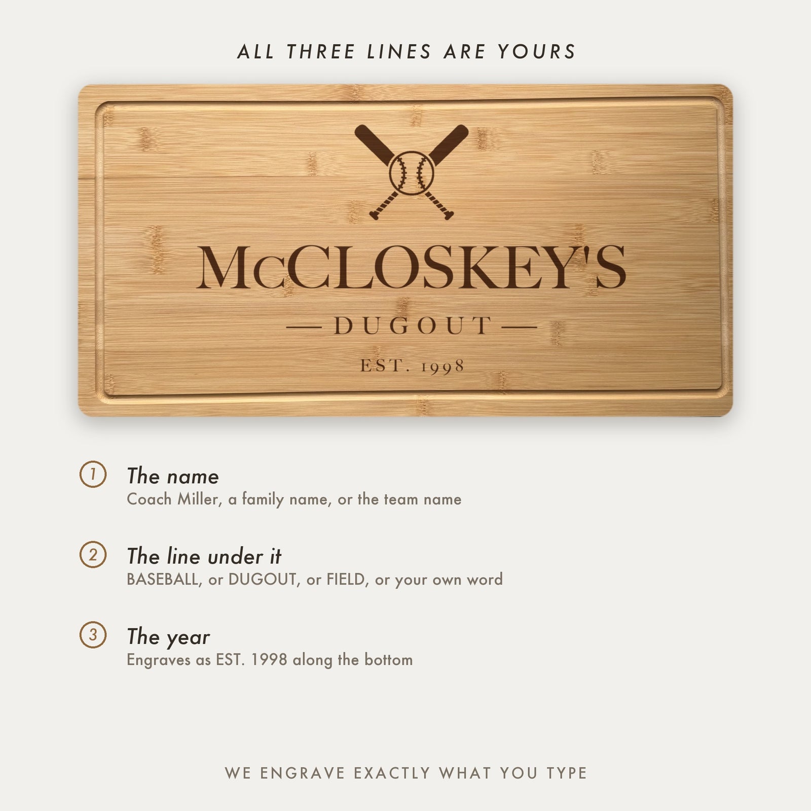 How the baseball board is personalized, showing McCloskeys Dugout as an example with all three lines set by the customer including the middle word.