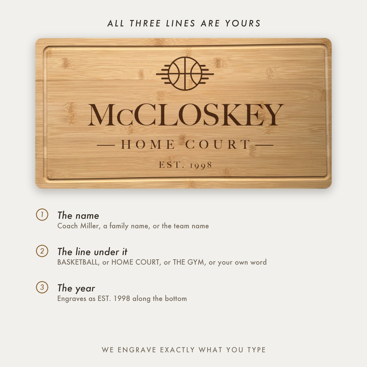 How the basketball board is personalized, shown as McCloskey Home Court with all three lines set by the customer including the line under the name.