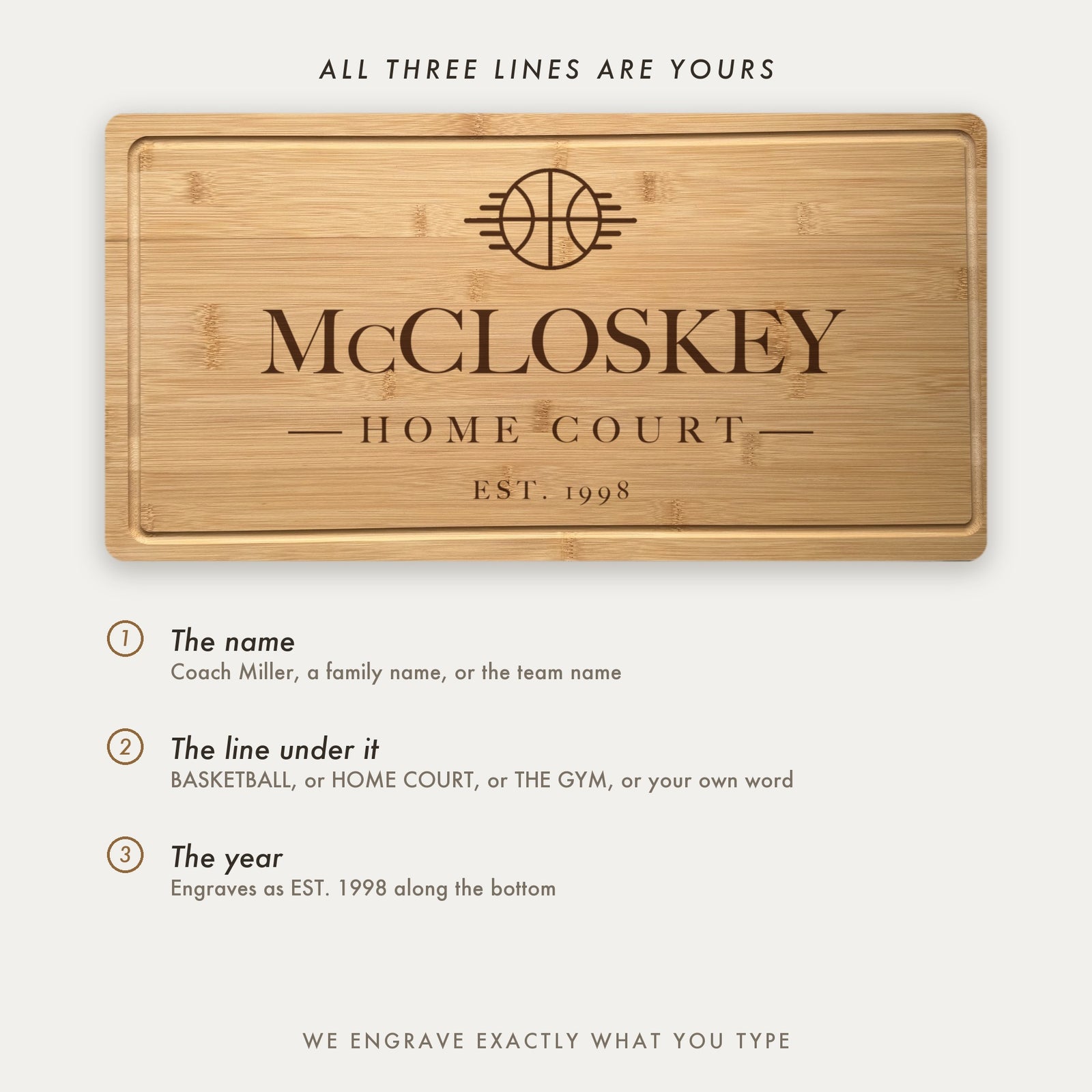 How the basketball board is personalized, shown as McCloskey Home Court with all three lines set by the customer including the line under the name.