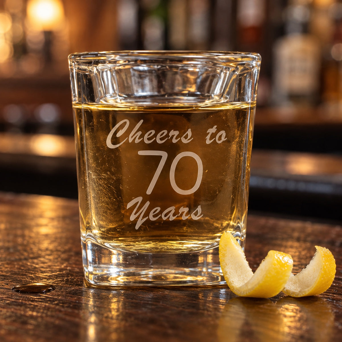 Personalized birthday shot glass etched Cheers to 70 Years, a shot of whiskey on a pub bar with a lemon twist, a birthday shot glass for him