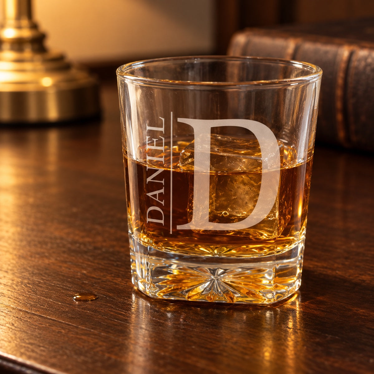 Personalized bourbon glass engraved with a large serif D and the name DANIEL running up the side, with bourbon over ice on a walnut bar