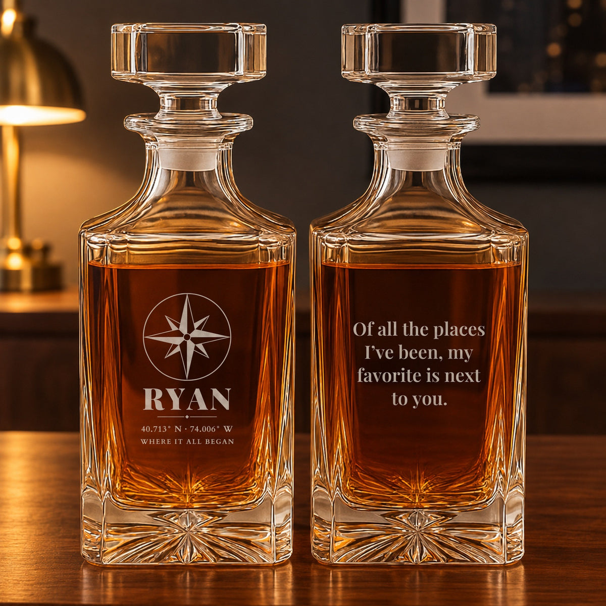 Front and back of a personalized whiskey decanter for boyfriend: a compass, the name Ryan and New York coordinates, and a love note engraved on the back