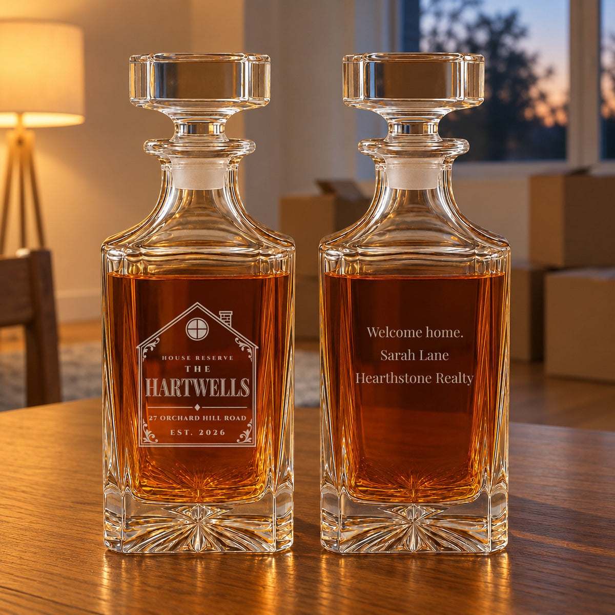 Personalized closing gift decanter, front and back: The Hartwells house label with 27 Orchard Hill Road and a Welcome home note from the realtor