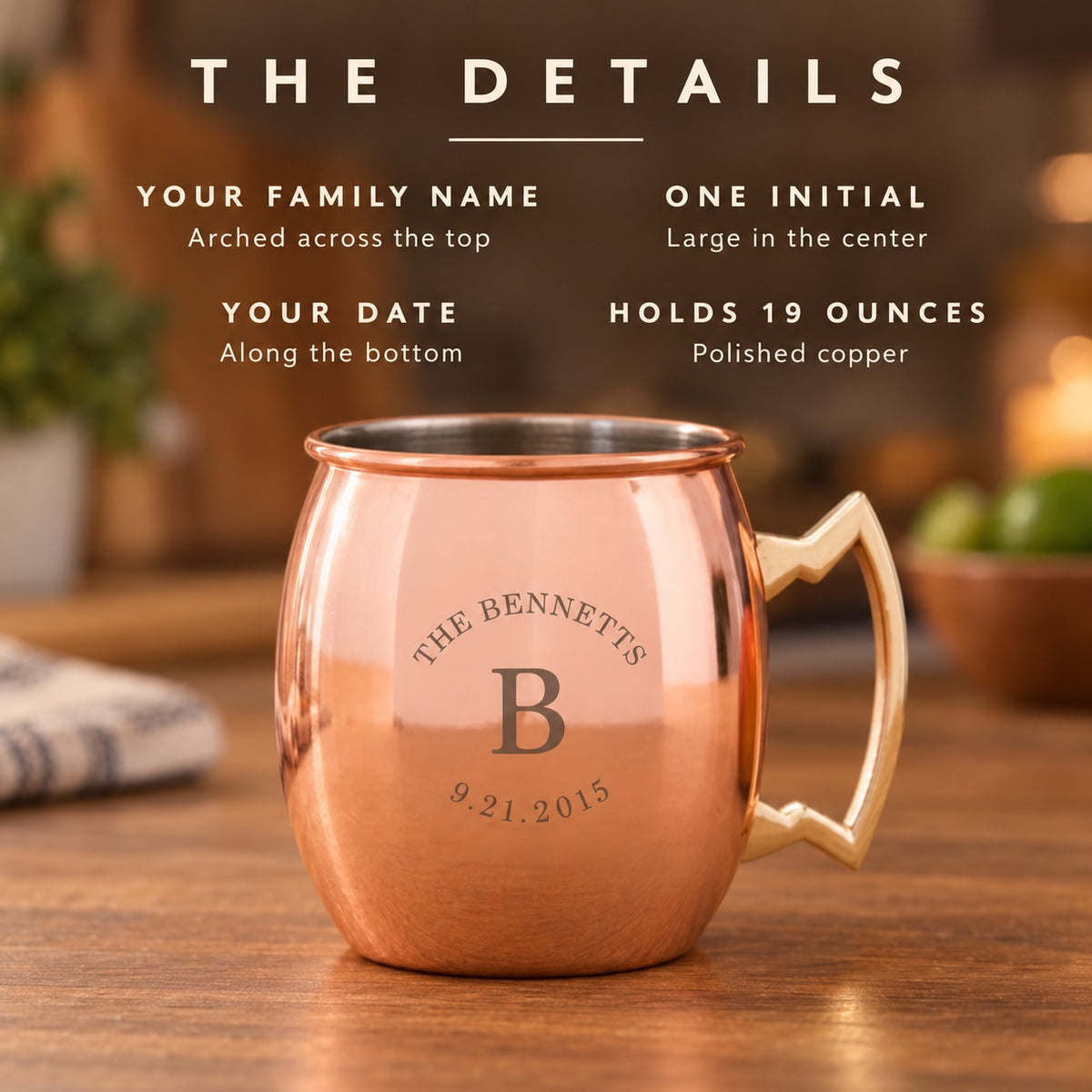 Details of the personalized couple's copper mug: your family name arched across the top, one large initial in the center, your date along the bottom, holds 19 oz.