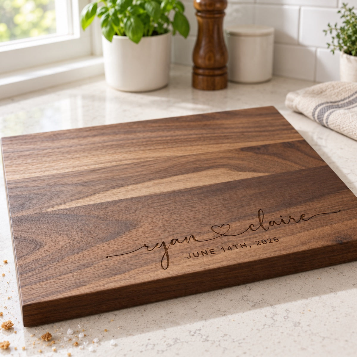 Personalized couples cutting board in walnut engraved ryan and claire joined by a heart in script, with JUNE 14TH, 2026 beneath, on a bright kitchen counter