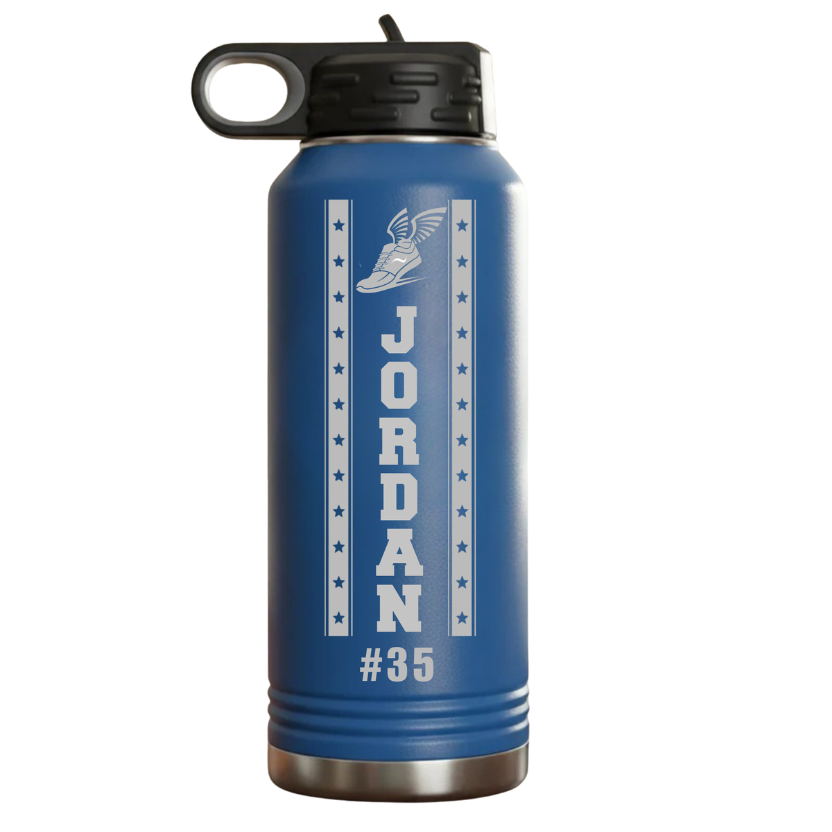 Royal blue personalized cross country water bottle engraved with a winged running shoe, the name Jordan, and number 35, 32oz double-wall insulated and BPA-free.