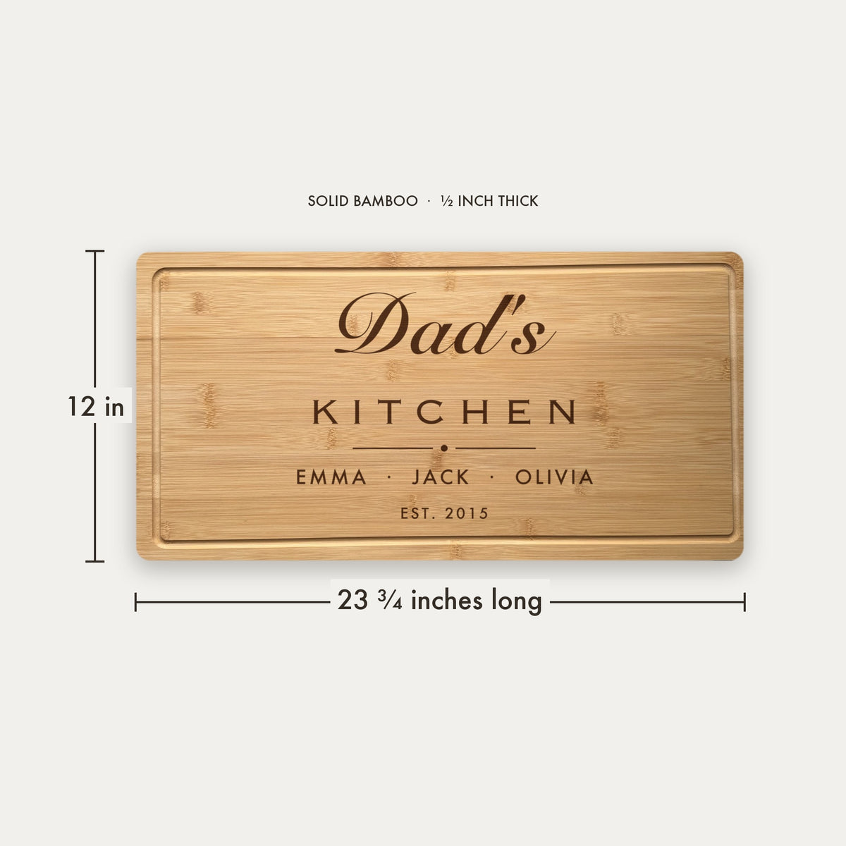 Size guide for the personalized dad cutting board, 23 and three quarter inches long by 12 inches wide in half inch thick solid bamboo.
