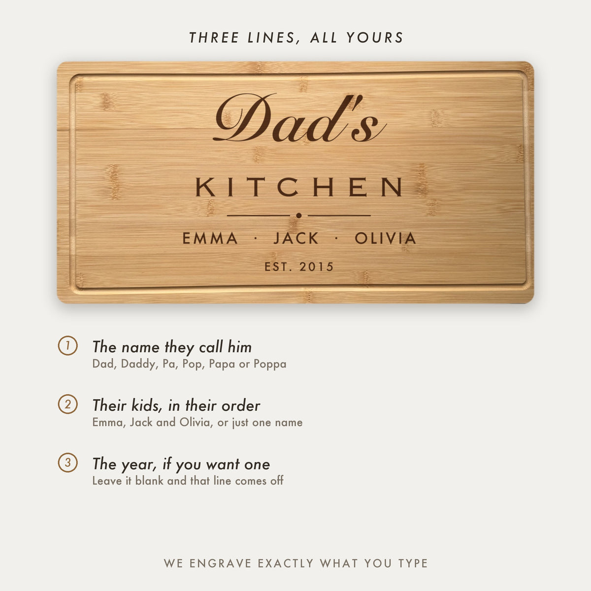 How the dad board is personalized, showing his name, his kids names and an optional year, with Dad, Daddy, Pa, Pop, Papa and Poppa all available.