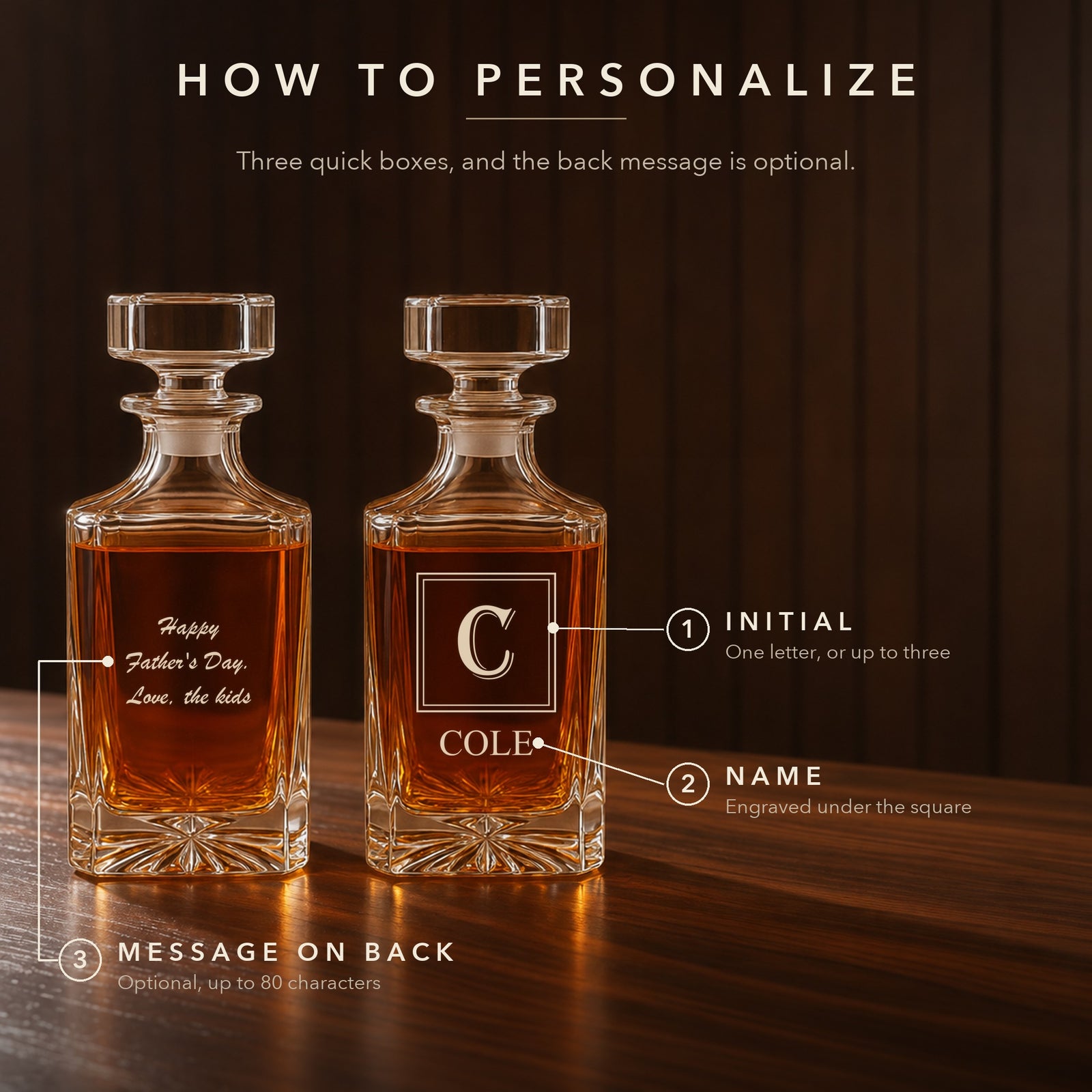 How to personalize the decanter: add his initial, his name to go under the square, and an optional message engraved on the back of the glass