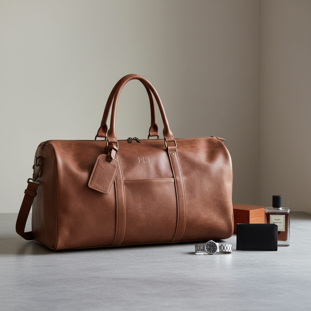 premium brown leather duffel bag for men showcased as luxury gift