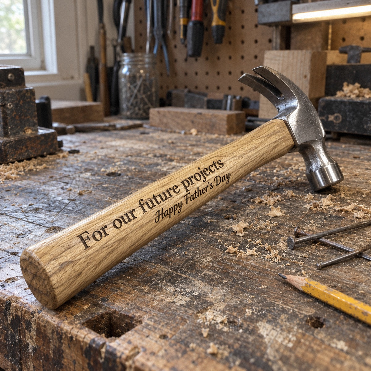 Personalized engraved hammer with For our future projects and Happy Father's Day burned into the wooden handle, on a workbench
