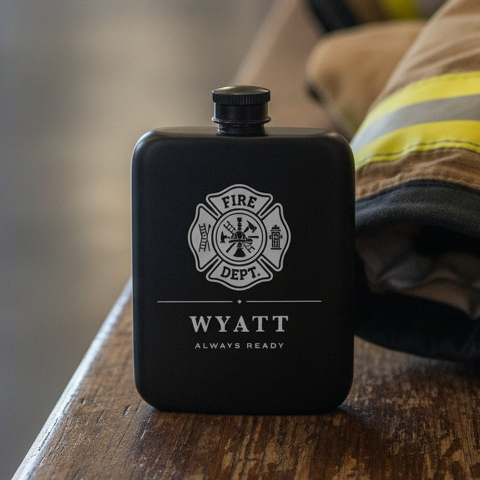 Engraved firefighter flask reading Always Ready on a wooden bench in a firehouse bay beside a folded tan turnout coat.