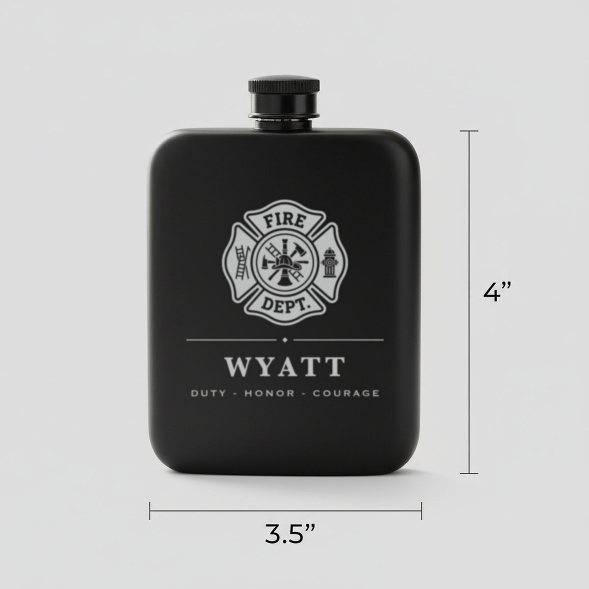 Size guide for the personalized firefighter flask reading Duty - Honor - Courage, 3.5 inches wide by 4 inches tall, 6 ounces.