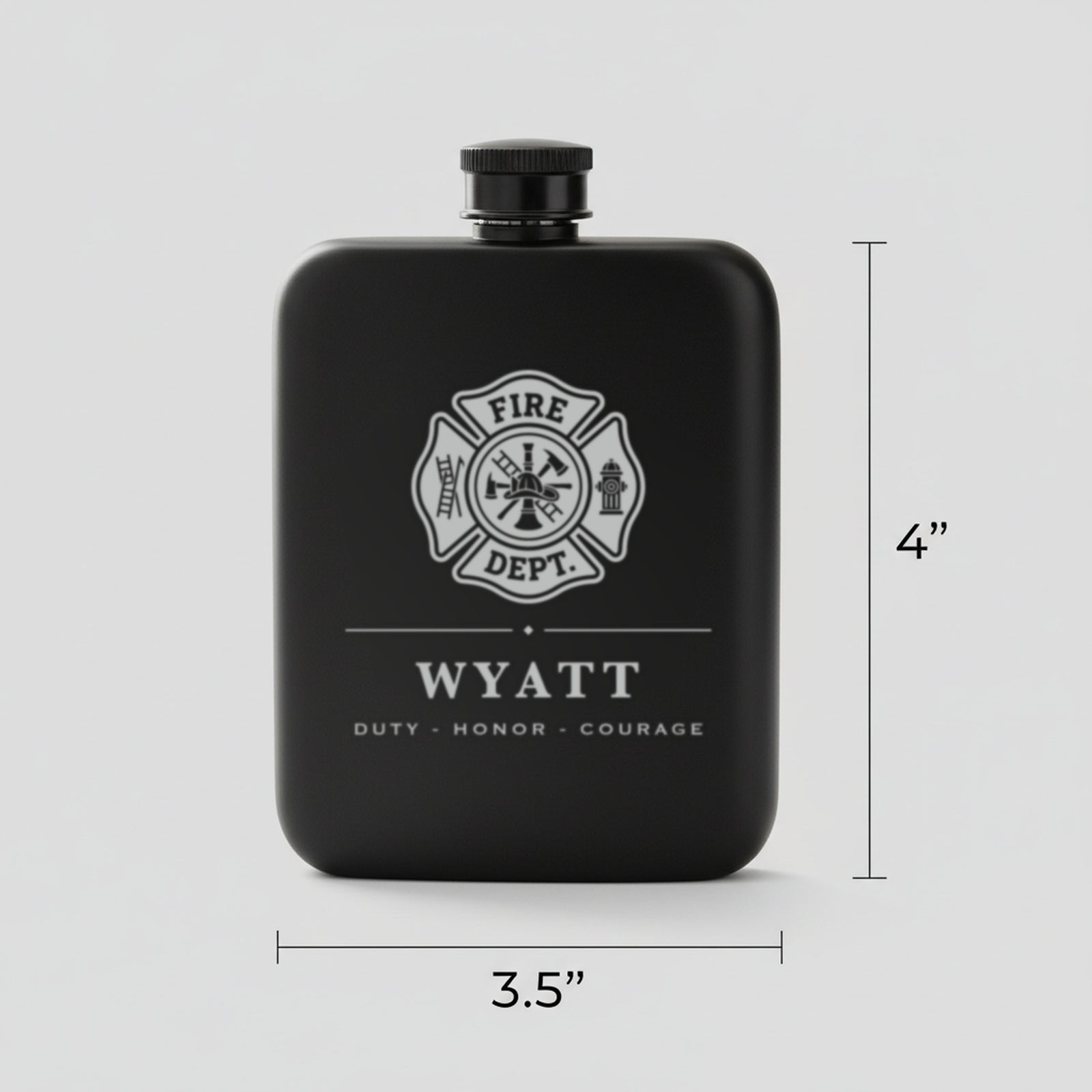 Size guide for the personalized firefighter flask reading Duty - Honor - Courage, 3.5 inches wide by 4 inches tall, 6 ounces.