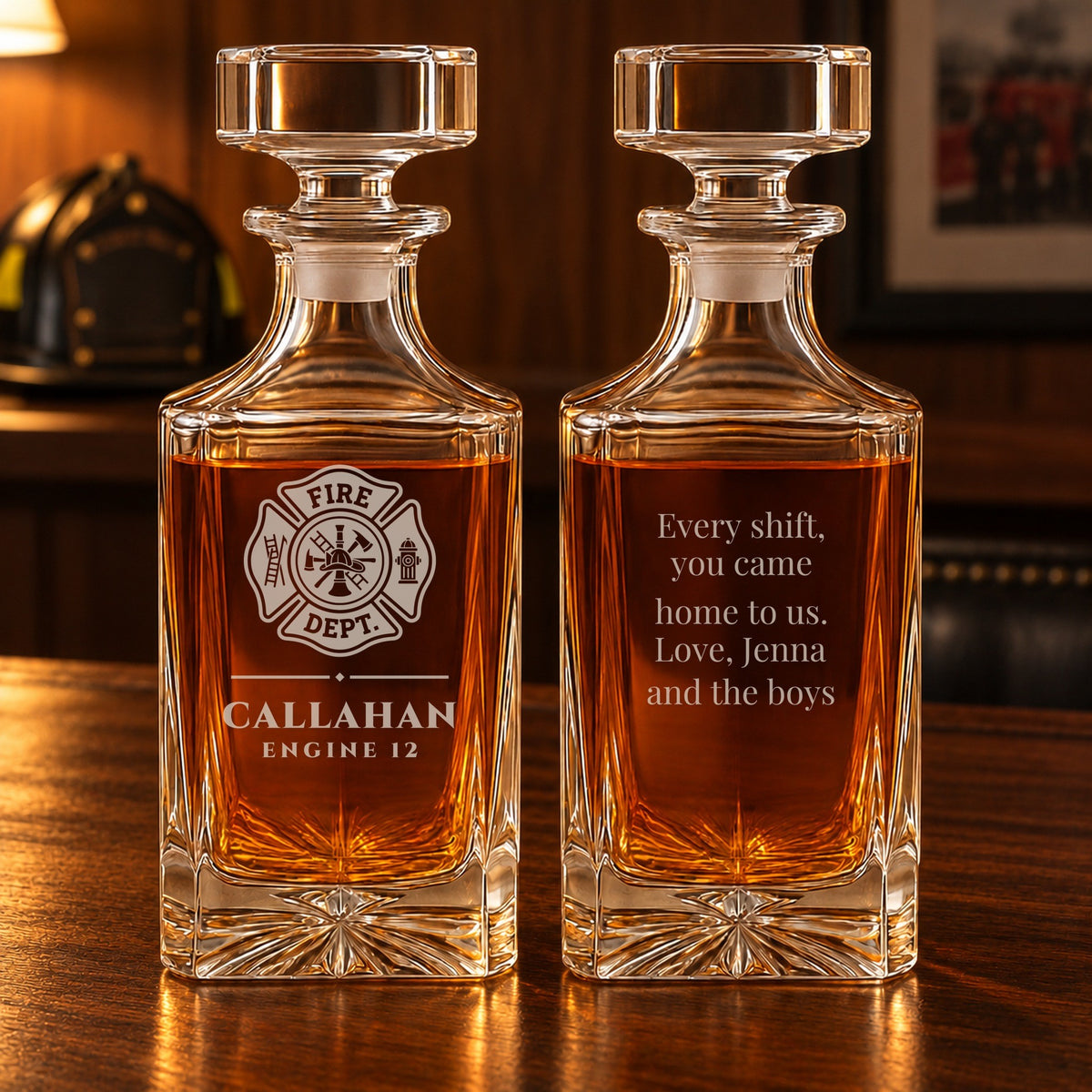 Personalized firefighter whiskey decanter shown front and back: Maltese cross over Callahan, Engine 12, and a note from his wife and boys on the back