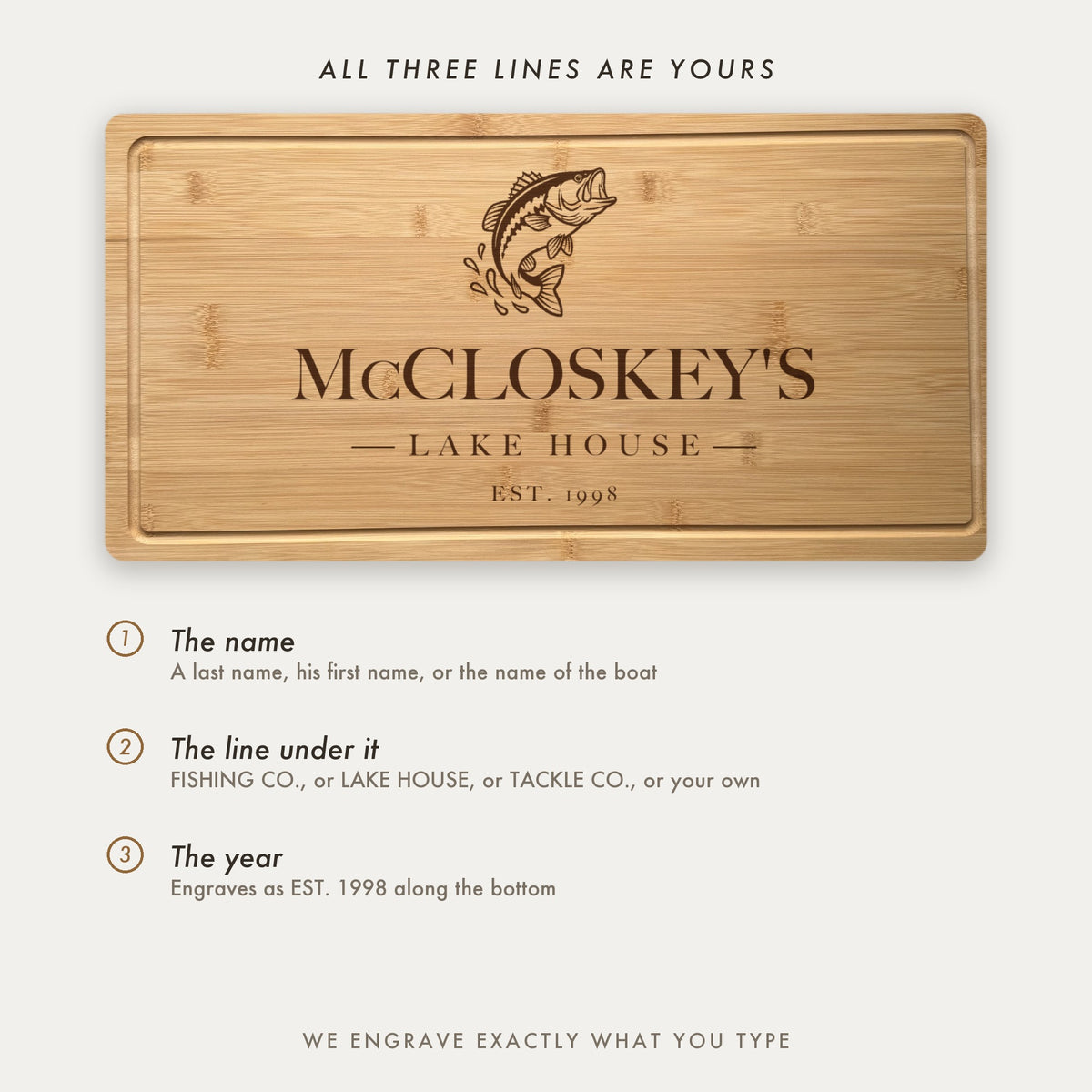 How the fishing board is personalized, showing McCloskeys Lake House as an example with all three lines set by the customer including the middle line.