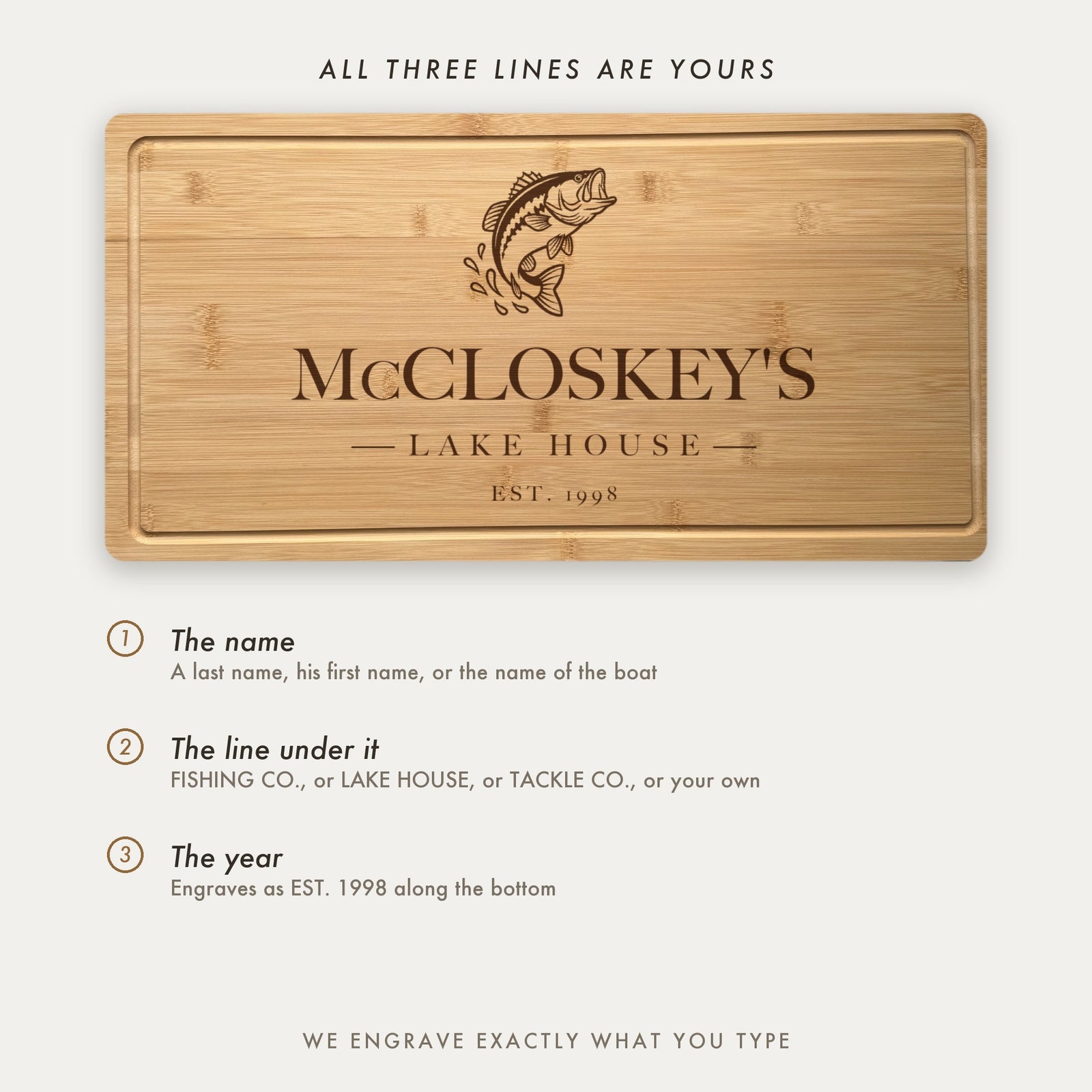 How the fishing board is personalized, showing McCloskeys Lake House as an example with all three lines set by the customer including the middle line.