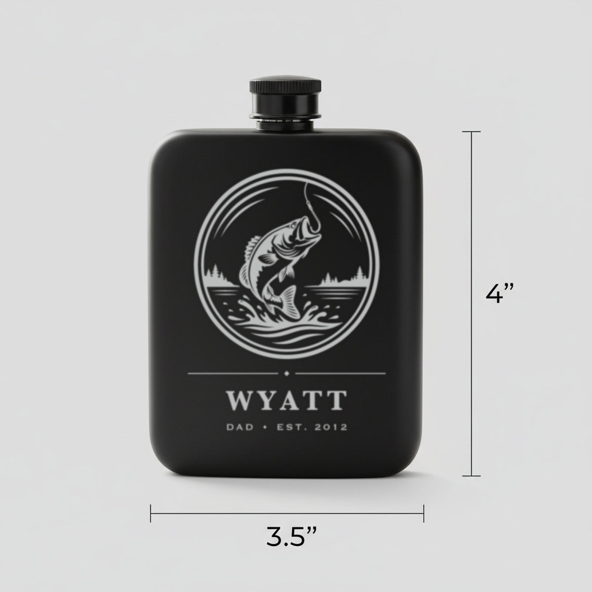 Size guide for the personalized fishing flask, 3.5 inches wide by 4 inches tall, holding 6 ounces of whiskey.