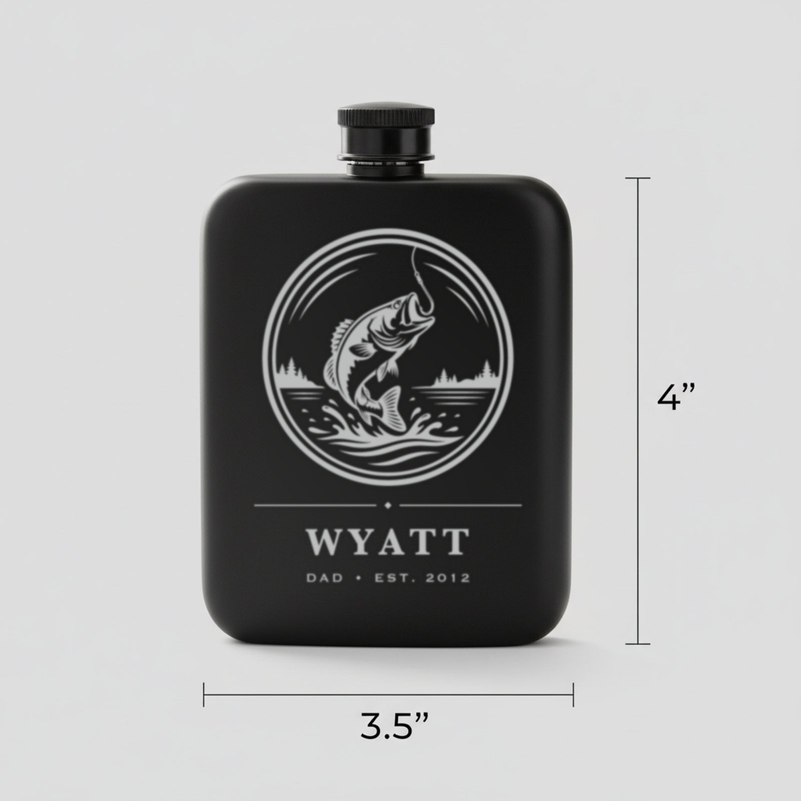 Size guide for the personalized fishing flask, 3.5 inches wide by 4 inches tall, holding 6 ounces of whiskey.