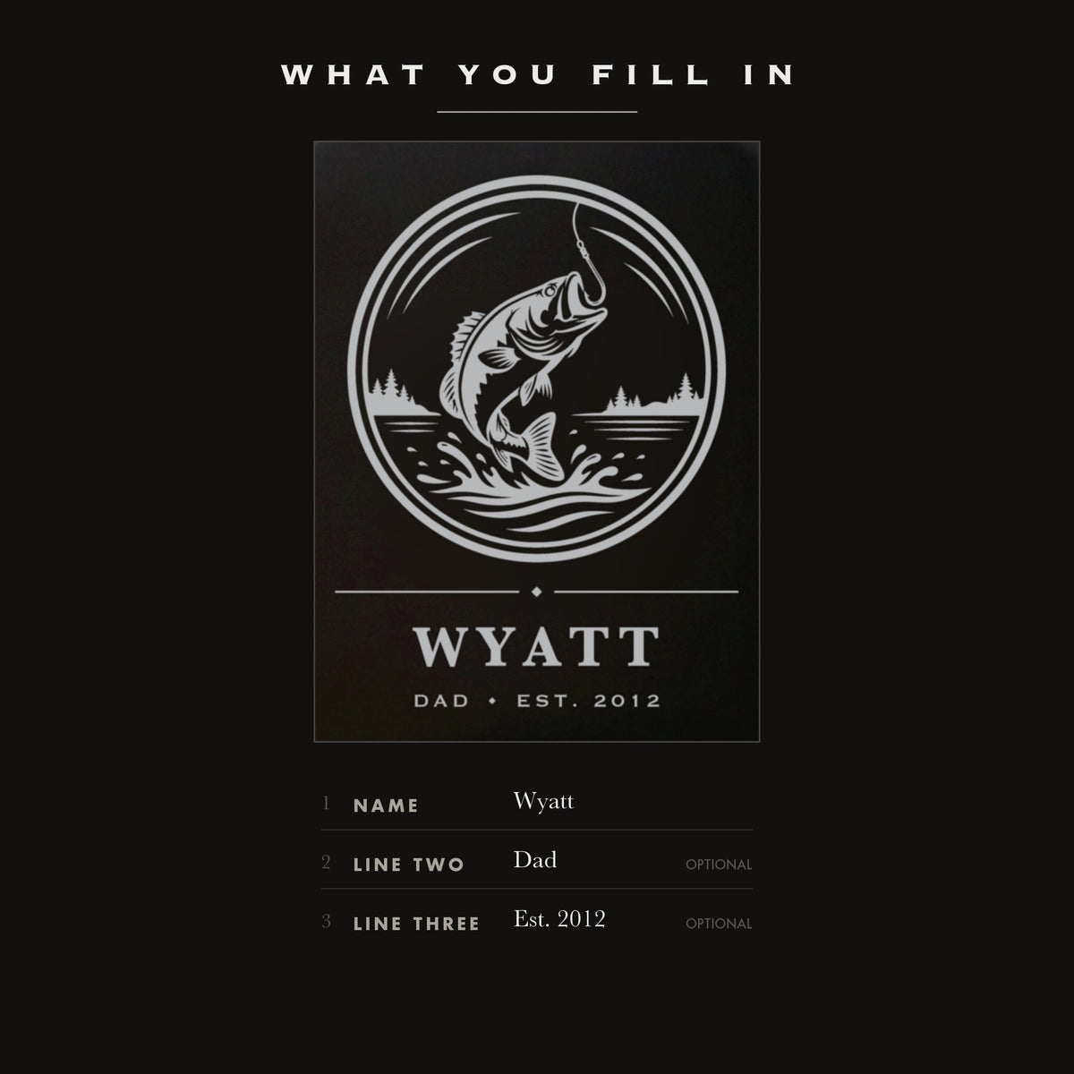 The three personalization fields on the fishing flask, his name and two optional short lines engraved beneath it.