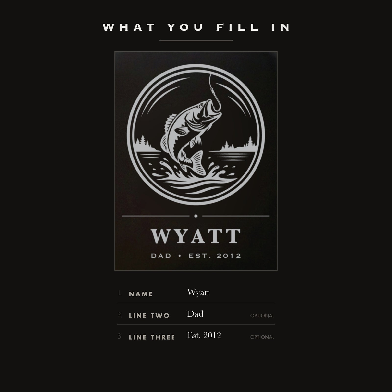 The three personalization fields on the fishing flask, his name and two optional short lines engraved beneath it.